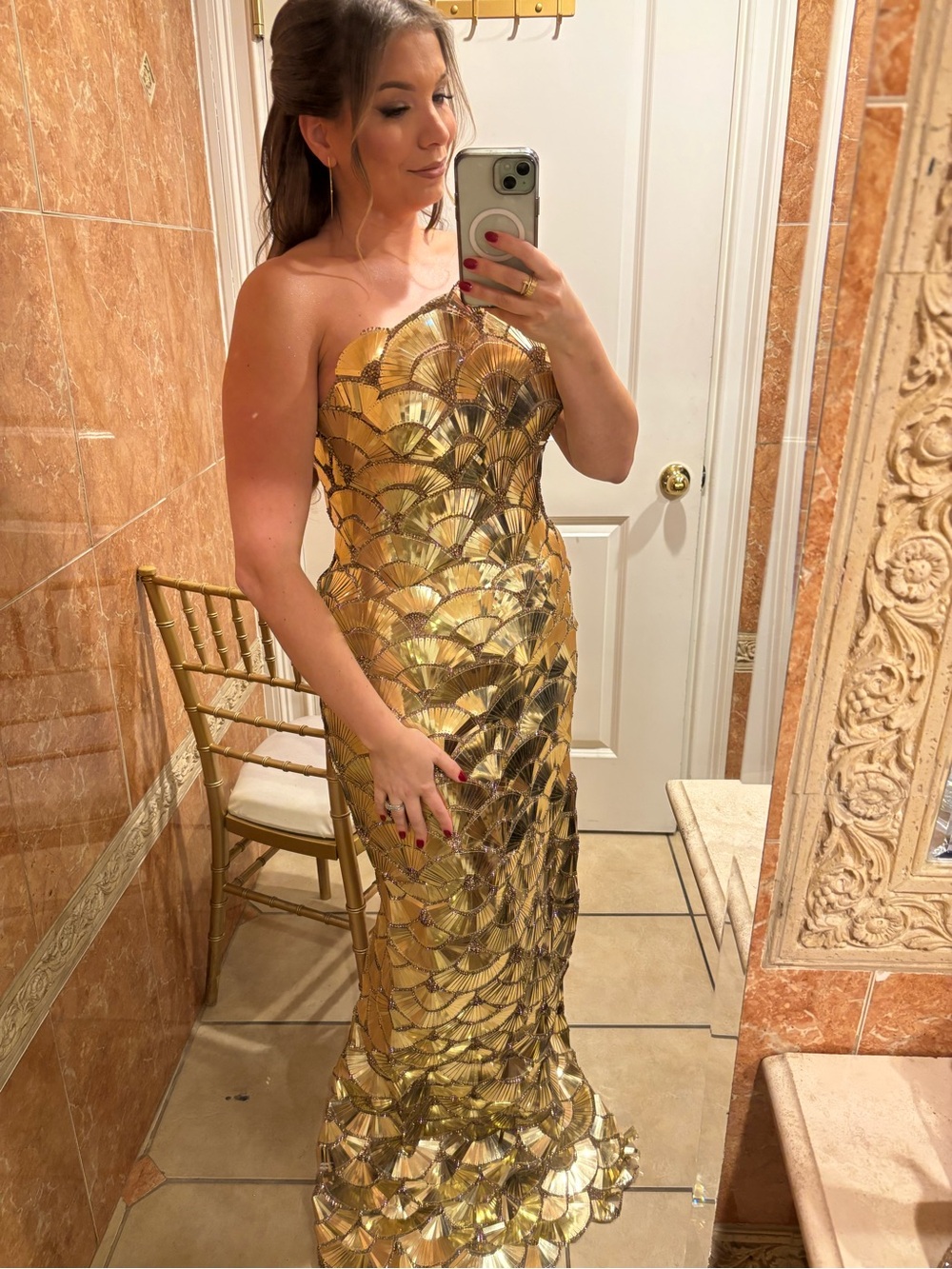 Custom Albanian gold scalloped dress